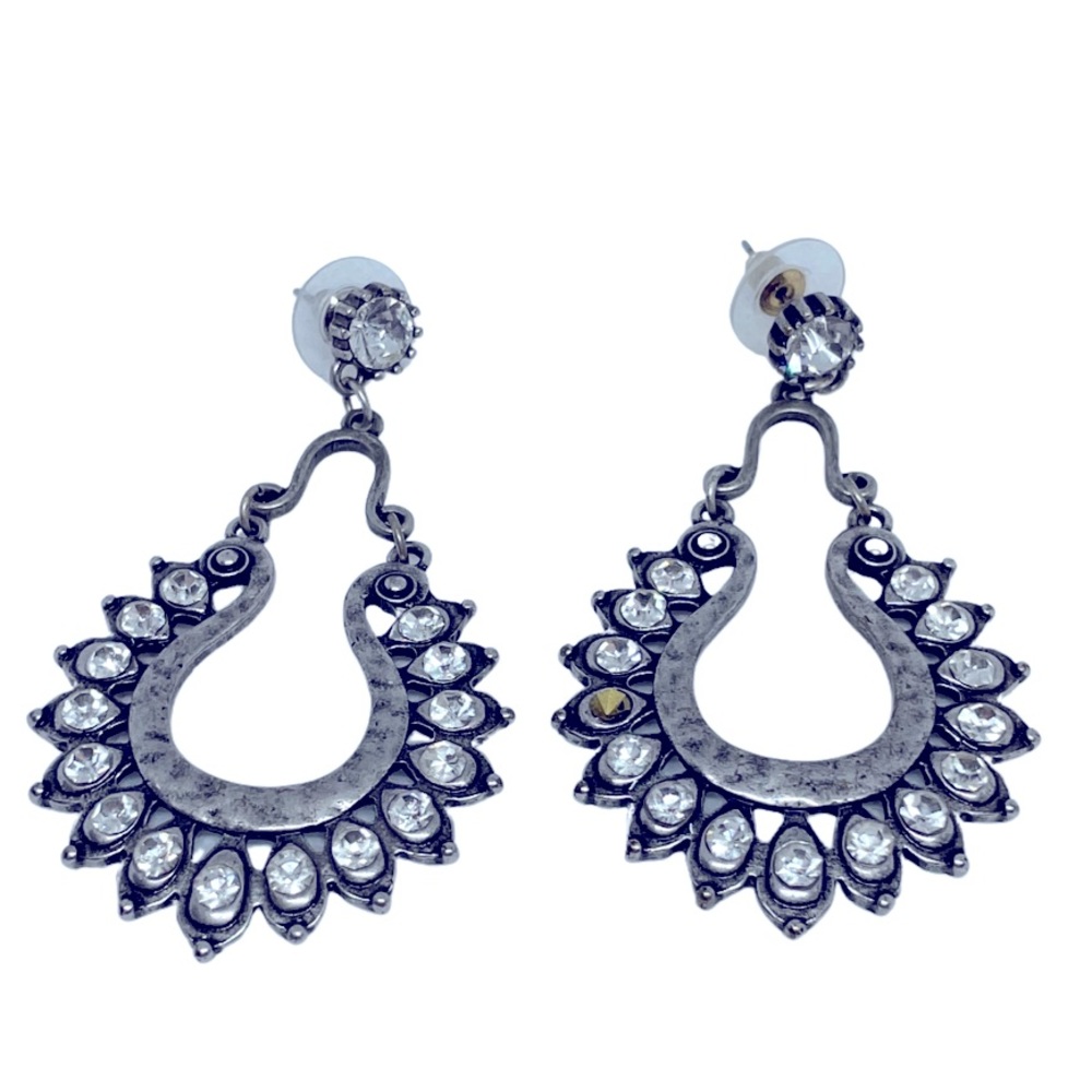 Crystal hammered silver metal earrings have movement 3 x 2 inches approximately